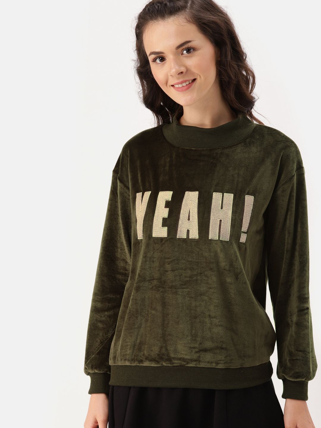 DressBerry Women Olive Green Velvet Sweatshirt