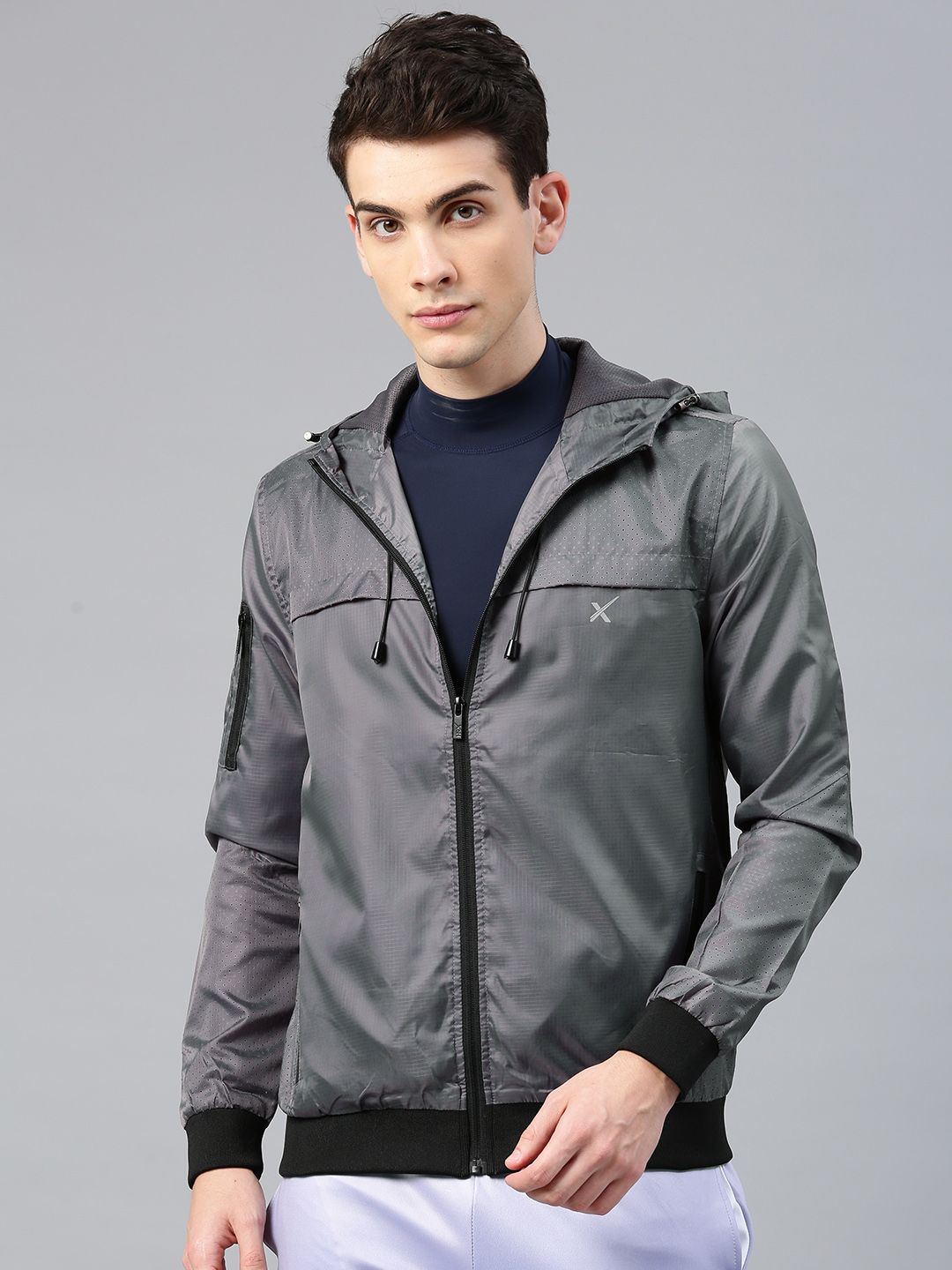 HRX by Hrithik Roshan Men Charcoal Grey Self Design Athleisure Hooded Bomber Jacket