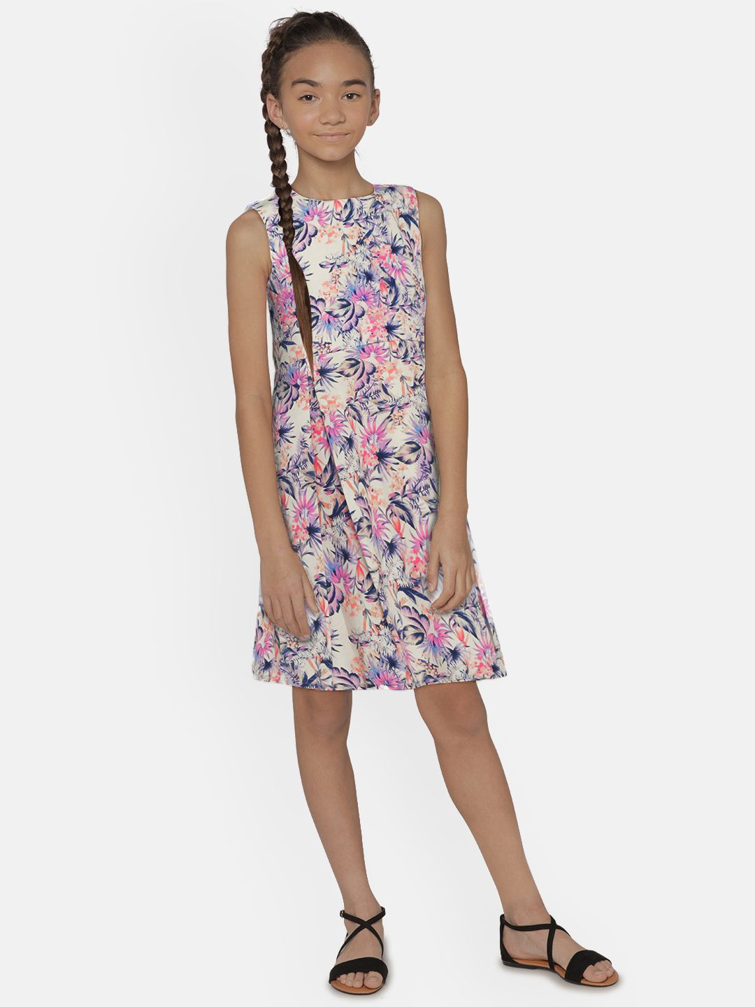 YK Girls White & Blue Tropical Print Fit & Flare Dress