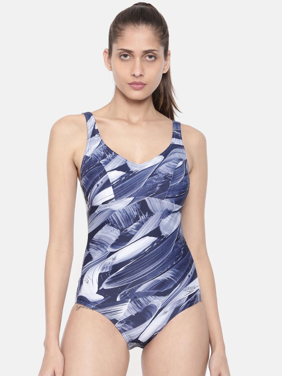 Speedo Women Navy Blue & Grey Printed Bodysuit 811397C234