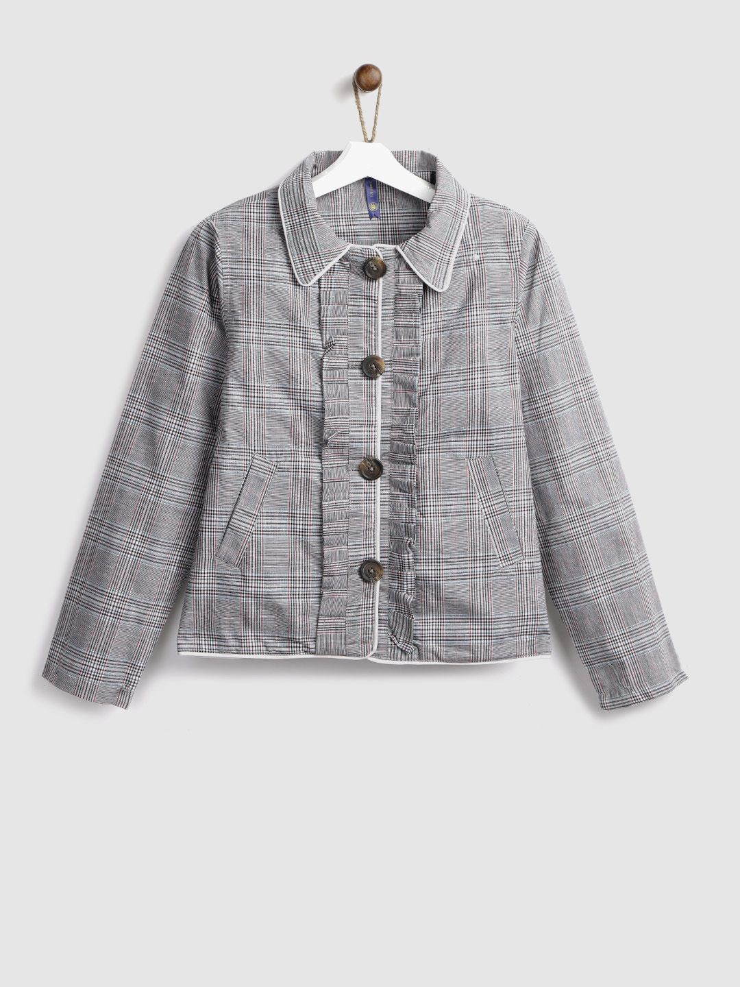 YK Girls Grey Checked Single-Breasted Blazer