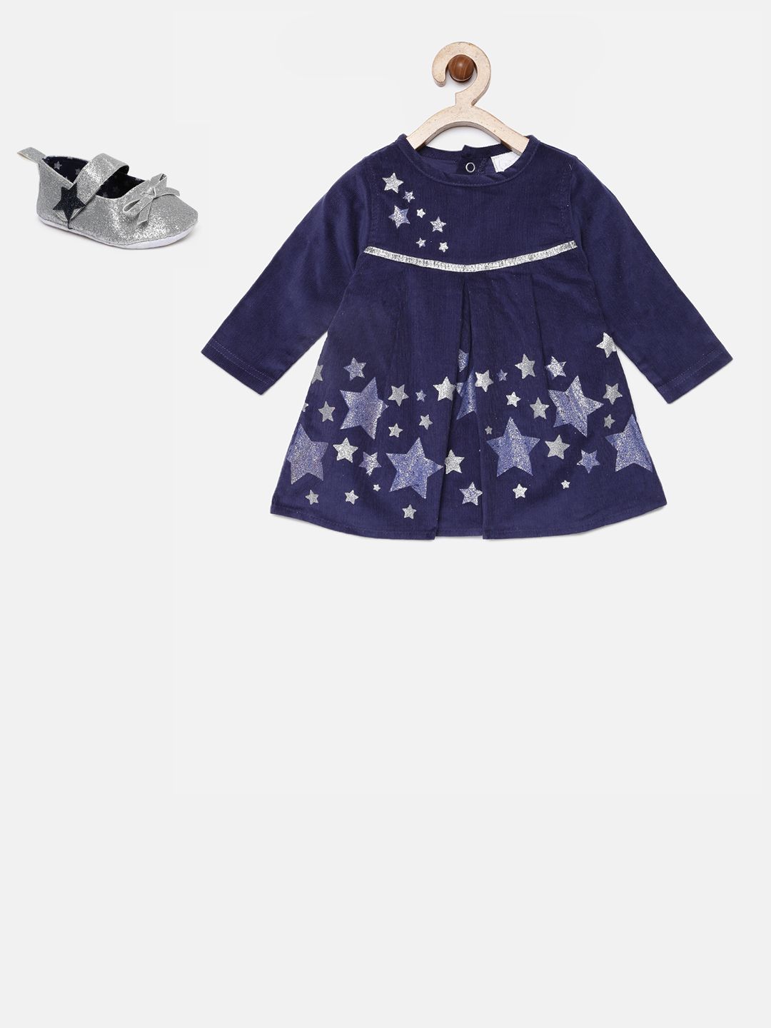 Mini Moi Girls Navy Blue Shimmer Detail A-Line Dress with Silver-Toned Flats