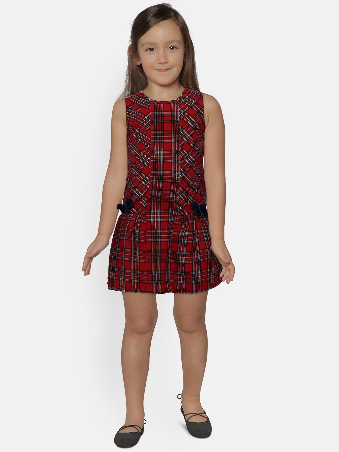 Bonjour Bebe Girls Red Checked Drop-Waist Dress