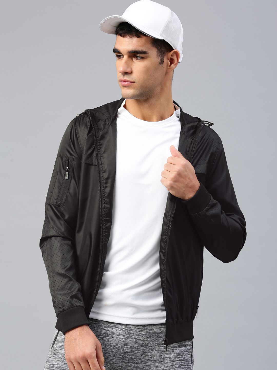 HRX by Hrithik Roshan Men Black Self Design Athleisure Hooded Bomber Jacket