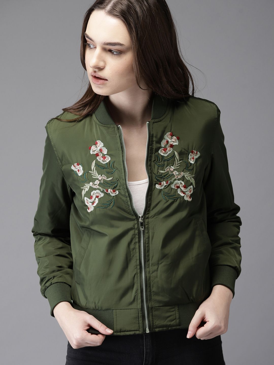 Moda Rapido Women Olive Green Embroidered Bomber