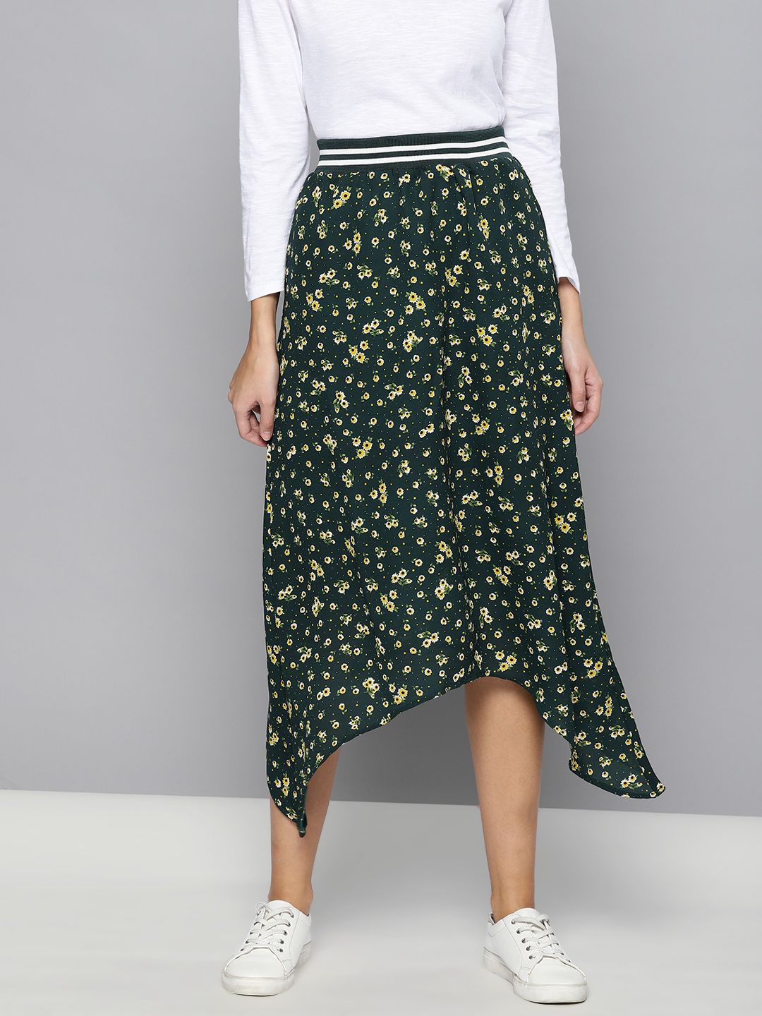 Chemistry Women Green & Yellow Printed A-Line Skirt