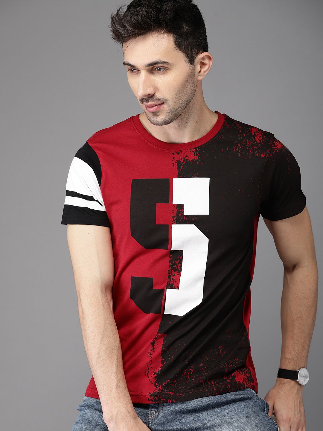 HERENOW Men Red Printed Round Neck Pure Cotton T-shirt