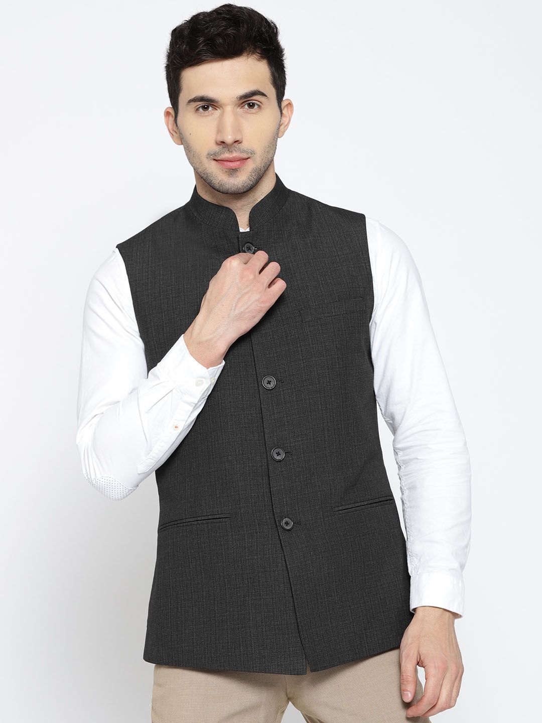 John Players Men Charcoal Grey Solid Slim Fit Nehru Jacket