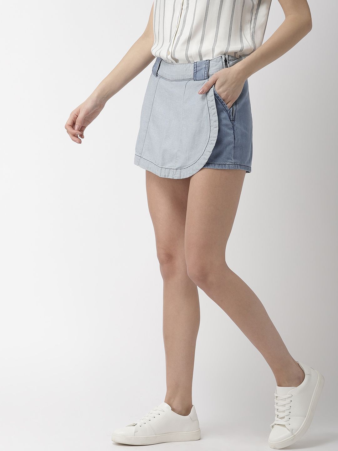 Mast & Harbour Women Blue Washed Layered Denim Pure Cotton Skorts