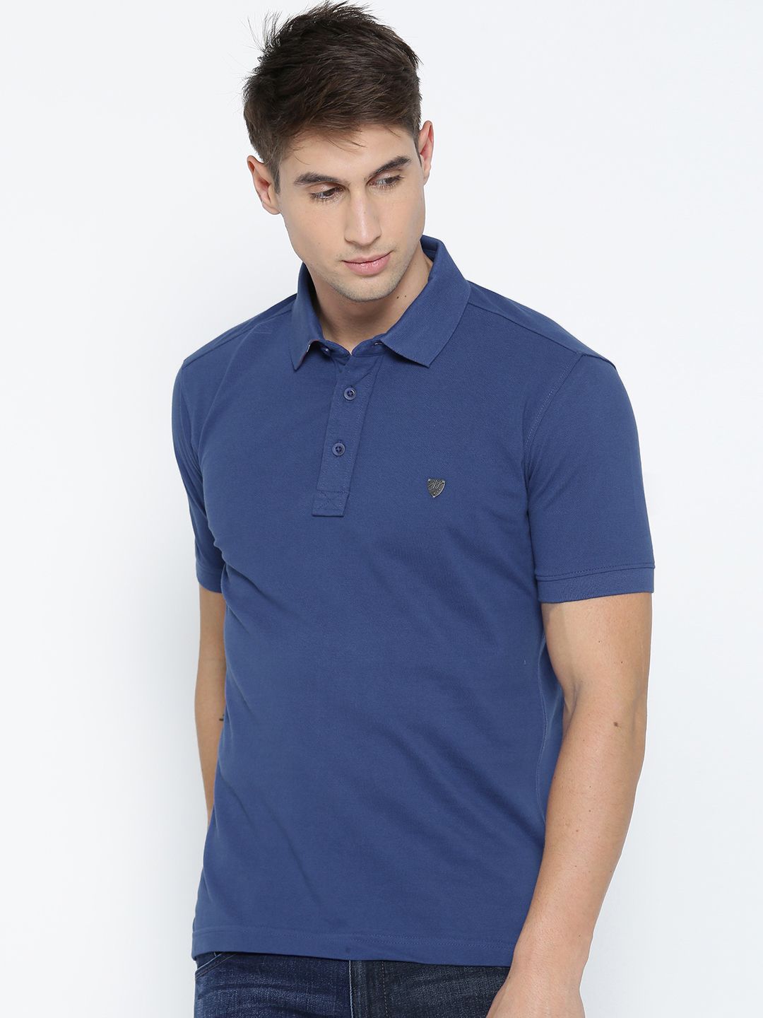 John Players Men Blue Solid Slim Fit Polo Collar Pure Cotton T-shirt