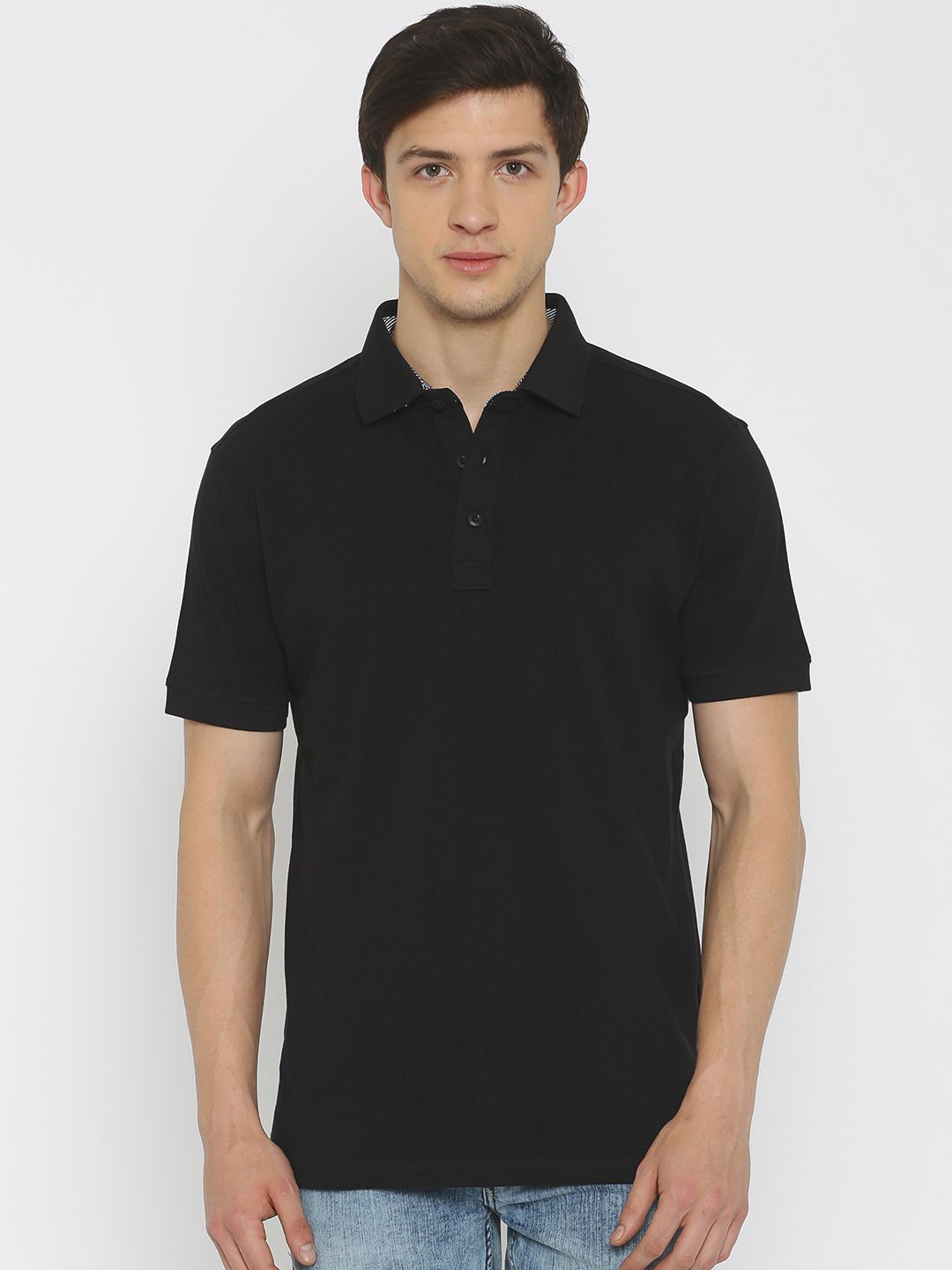 John Players Men Black Solid Polo Collar Pure Cotton T-shirt
