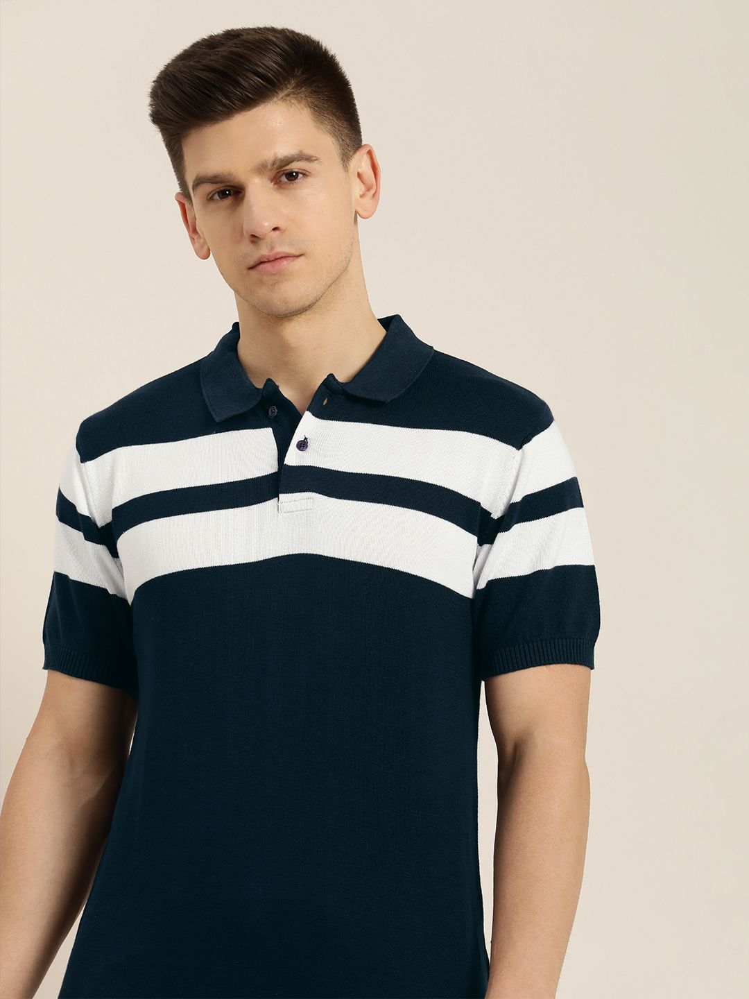ether Men Navy Blue & White Striped Polo Collar Pure Cotton T-shirt