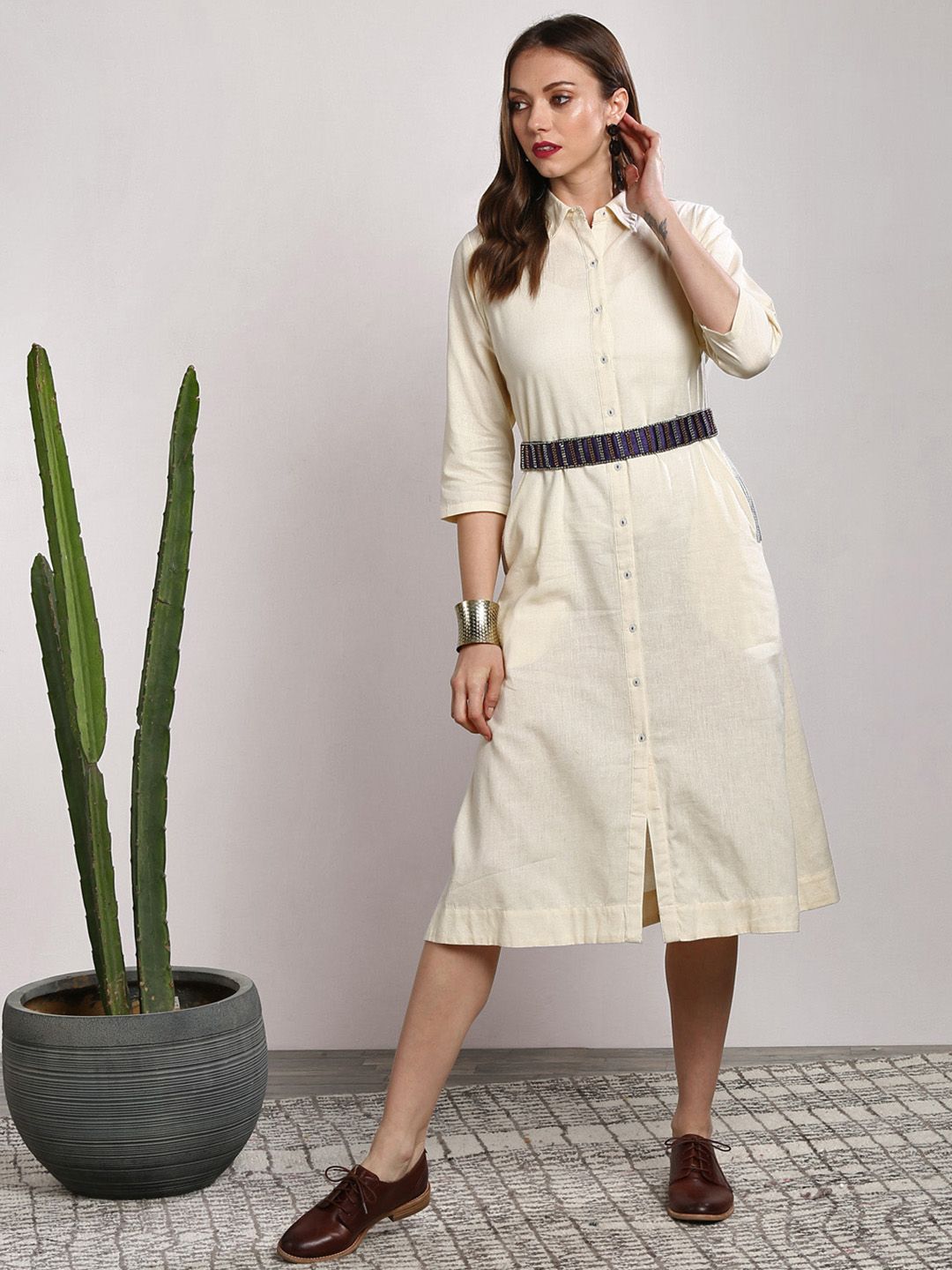 Sangria Women Beige Printed A-Line Dress