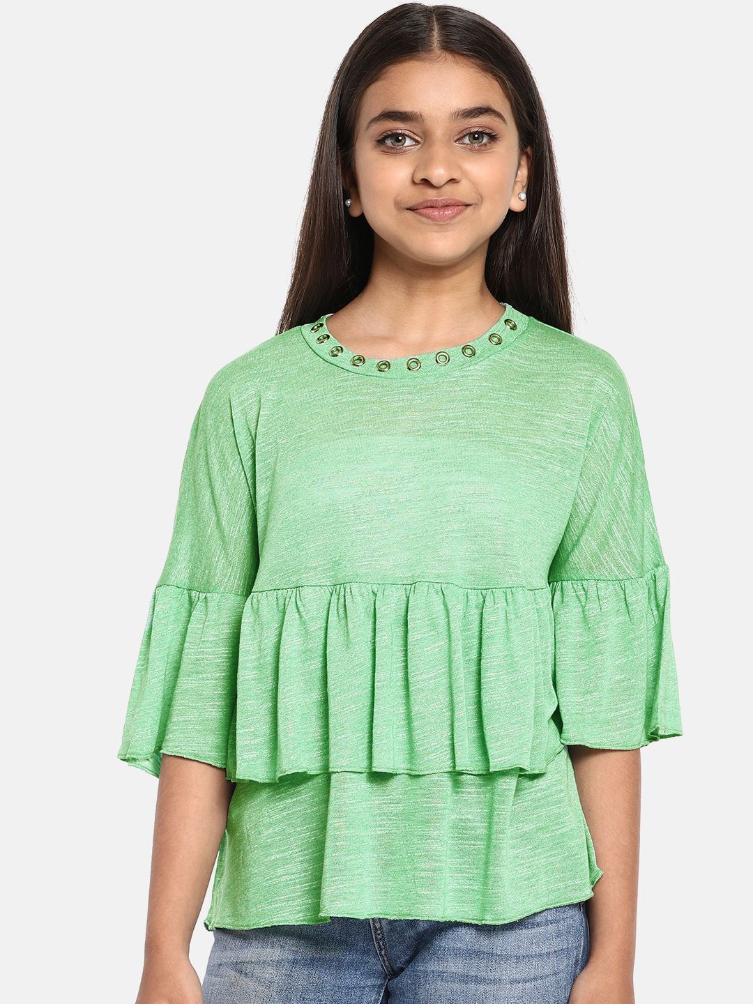 YK Girls Green Solid Tiered Top