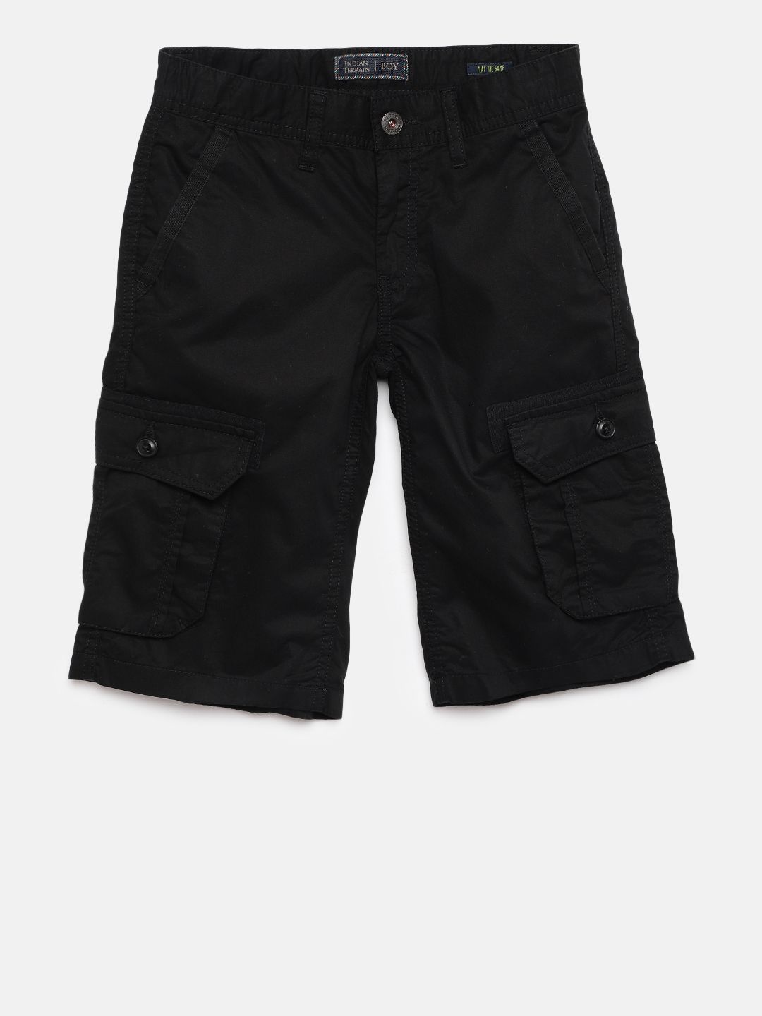 Indian Terrain Boys Black Solid Regular Fit Cargo Shorts