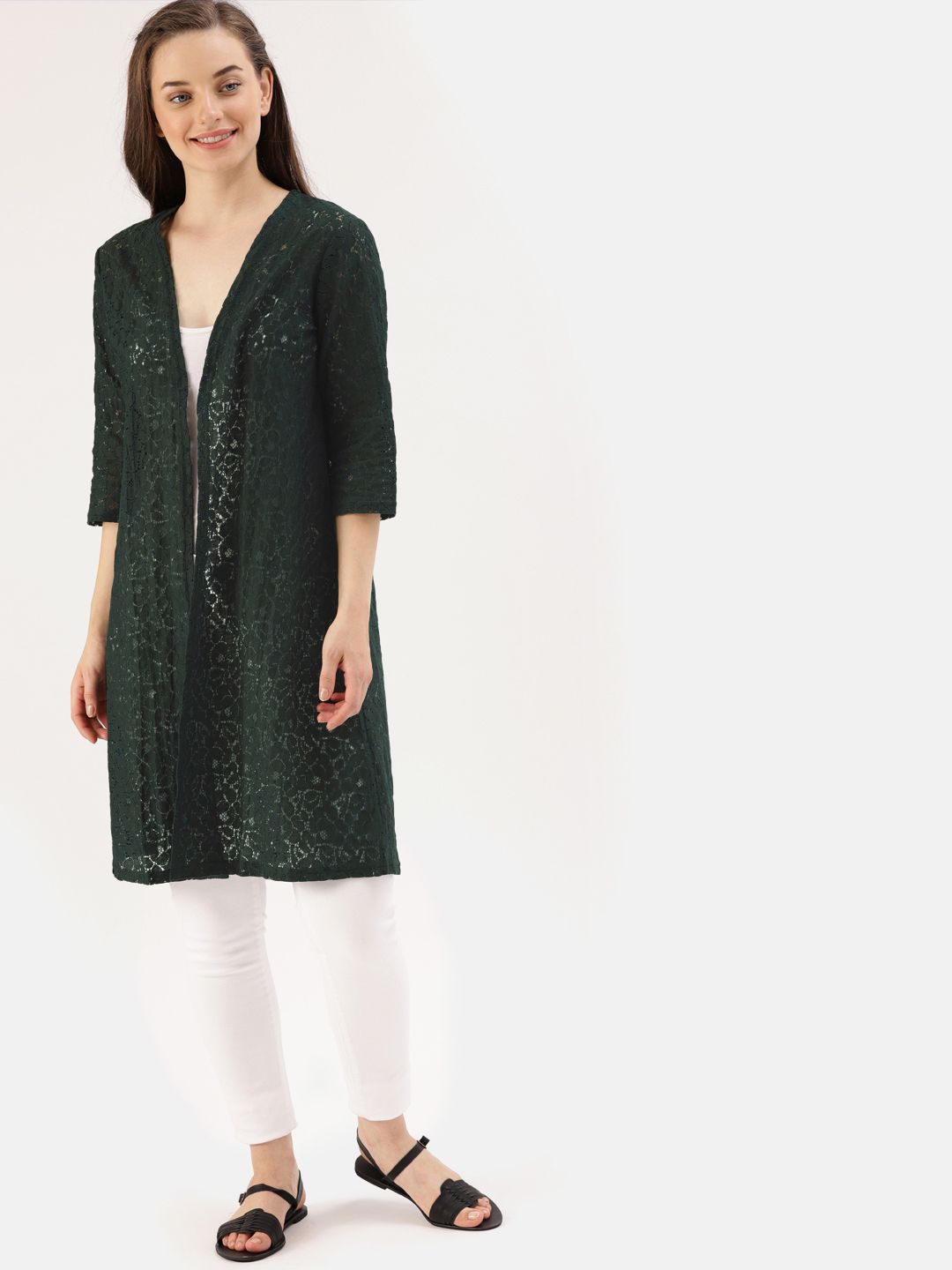 DressBerry Green Self Design Open Front Longline Shrug