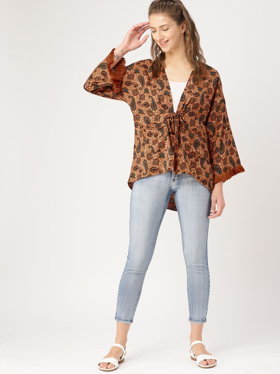 DressBerry Brown & Green Printed Tie-Up Shrug