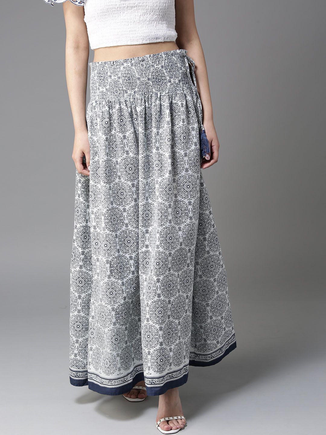 HERE&NOW Women Off-White & Blue Printed Maxi Flared Pure Cotton Skirt