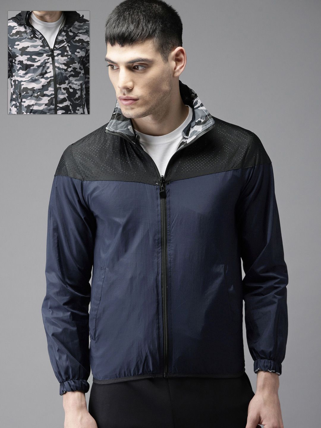Moda Rapido Men Navy Blue Printed Lightweight Reversible Tailored Jacket