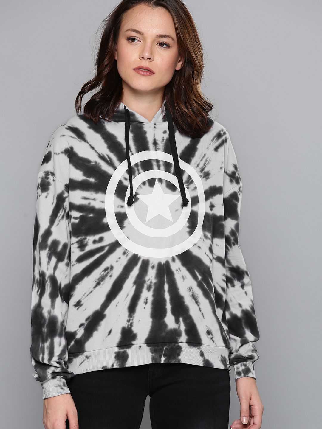 Kook N Keech Marvel Women Grey & Navy Blue Printed Hooded Sweatshirt