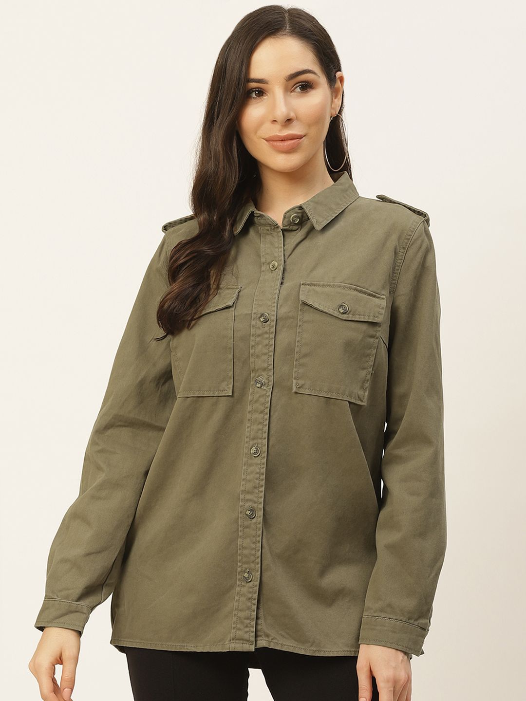 FOREVER 21 Women Olive Green Pure Cotton Casual Shirt