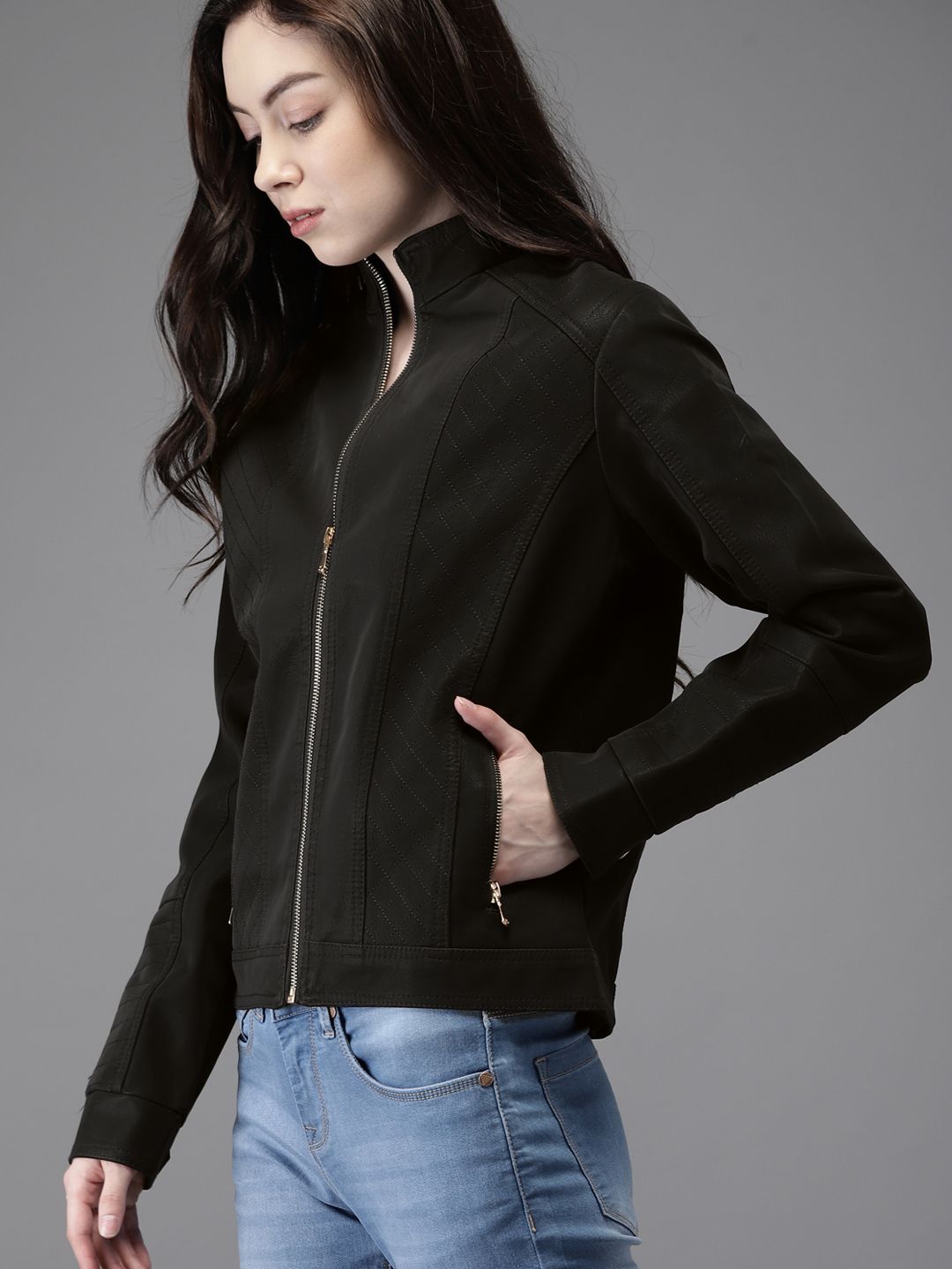 HERE&NOW Women Black Solid Biker Jacket