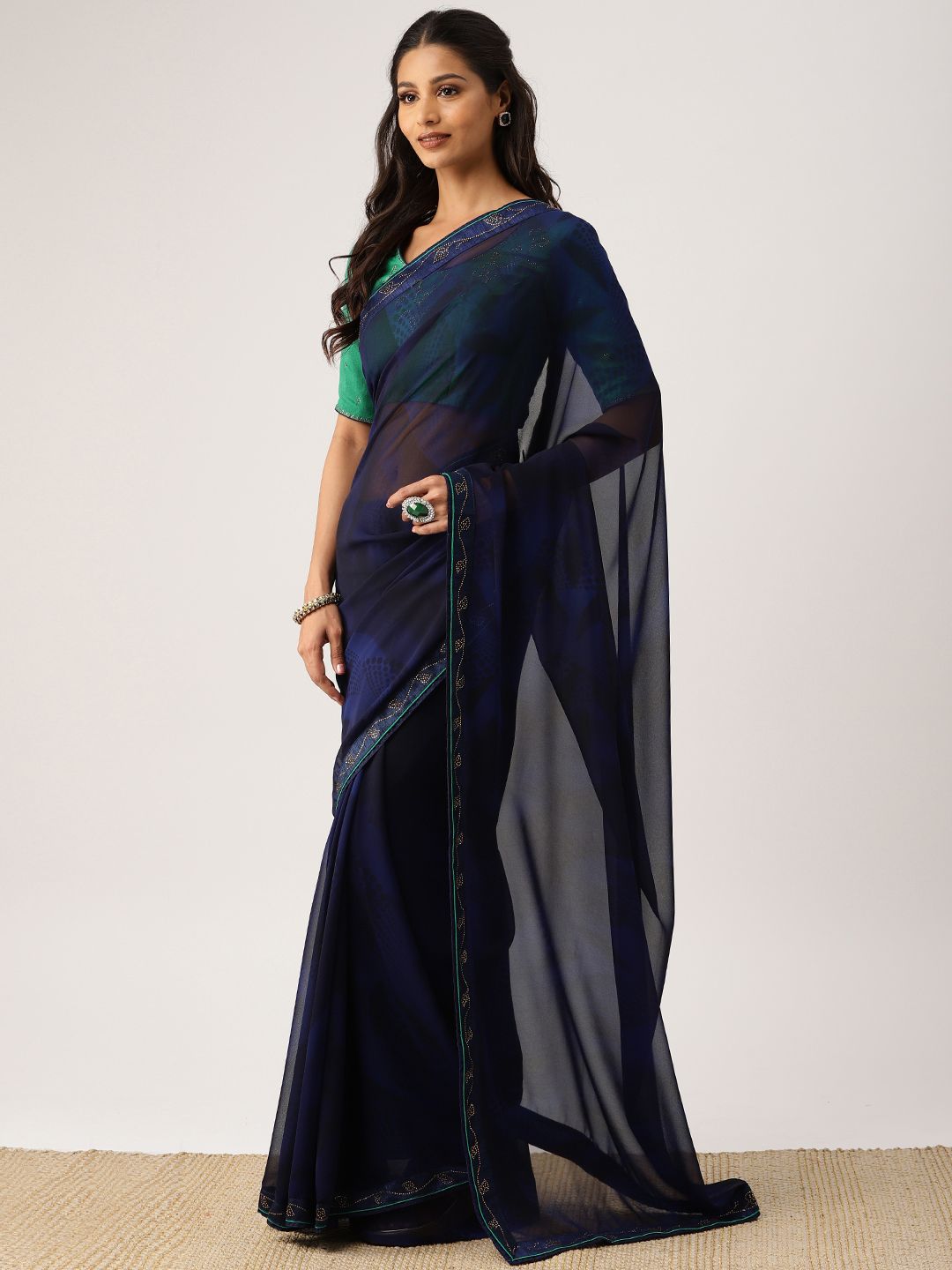 Drape Stories Navy Blue Printed Poly Georgette Saree