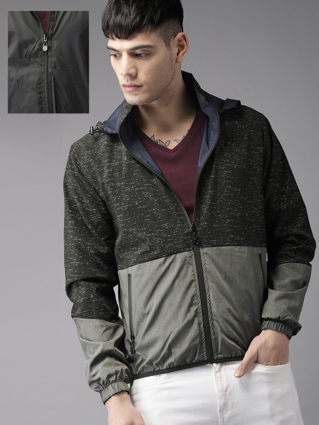 Moda Rapido Grey Colourblocked Lightweight Reversible Tailored Jacket with Detachable Hood