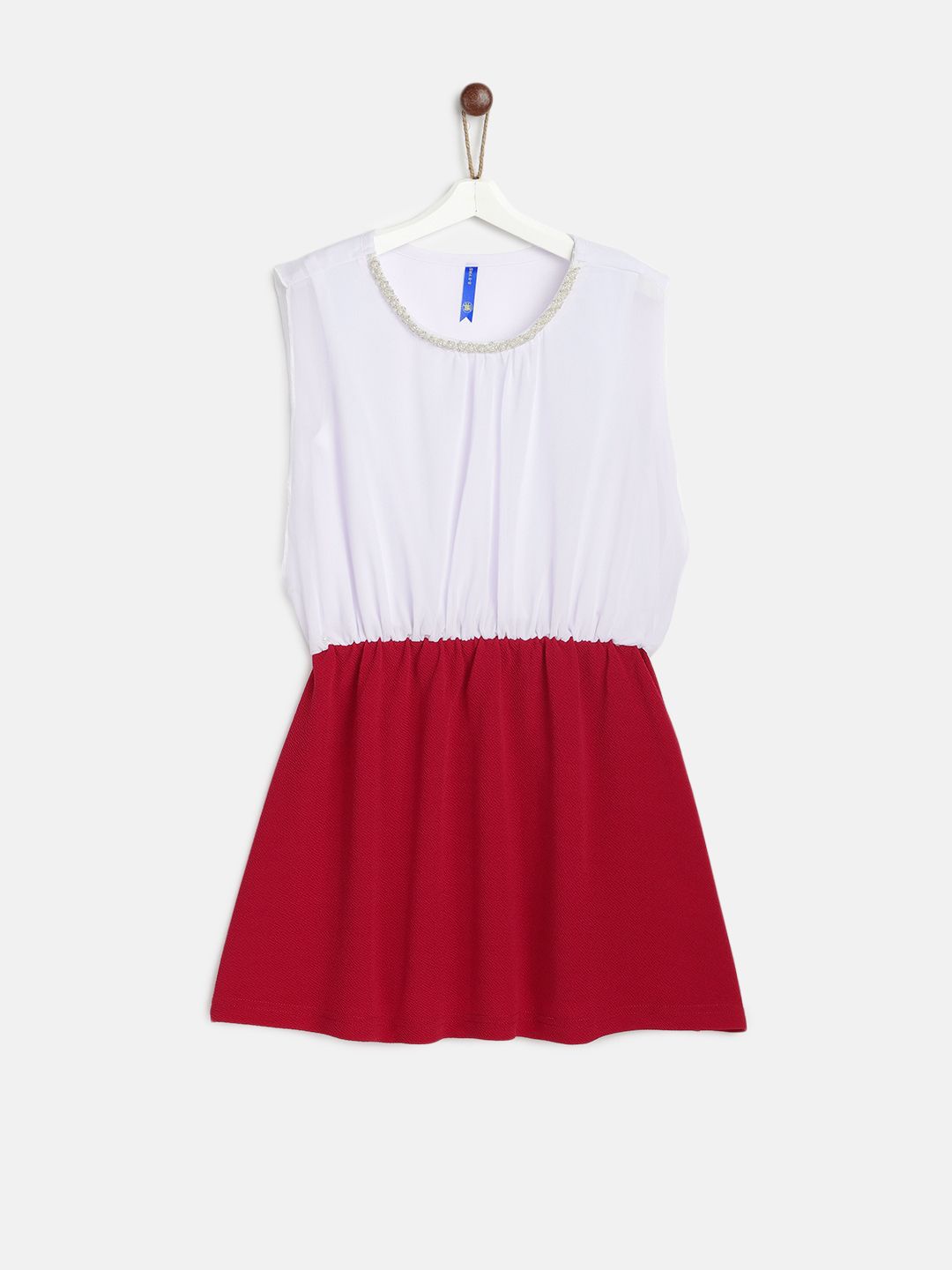 YK Girls Red & White Fit and Flare Colourblocked Dress