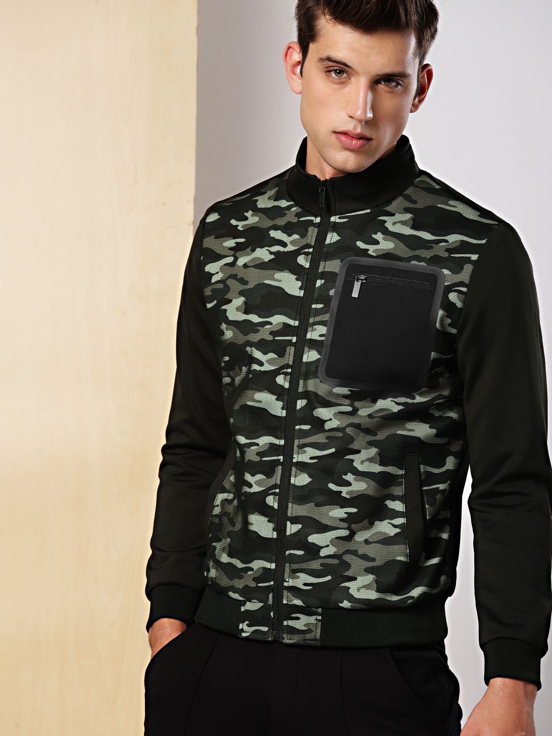 INVICTUS Men Black & Olive Green Camouflage Printed Bomber