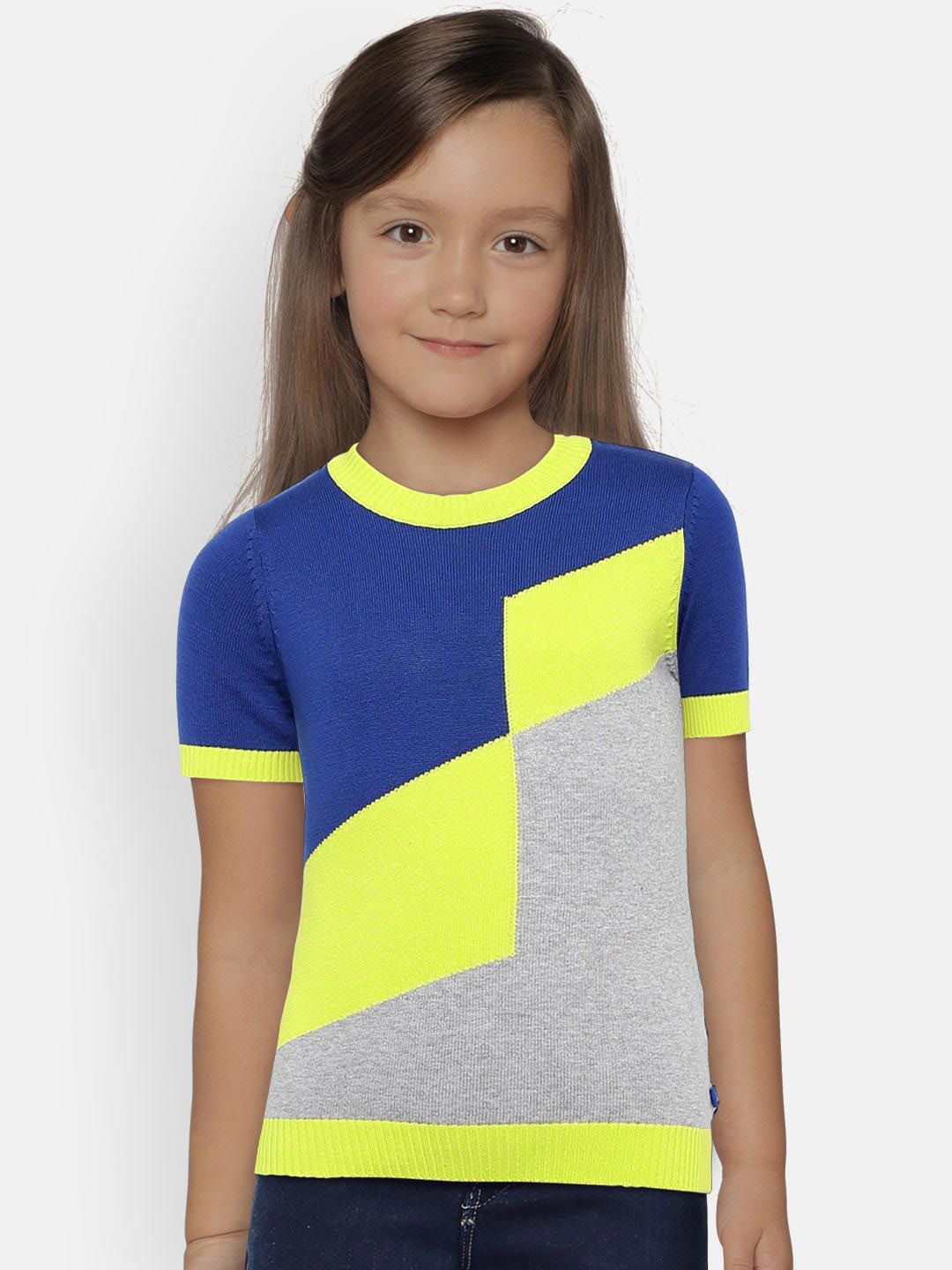 United Colors of Benetton Girls Blue & Grey Melange Colourblocked Round Neck T-shirt