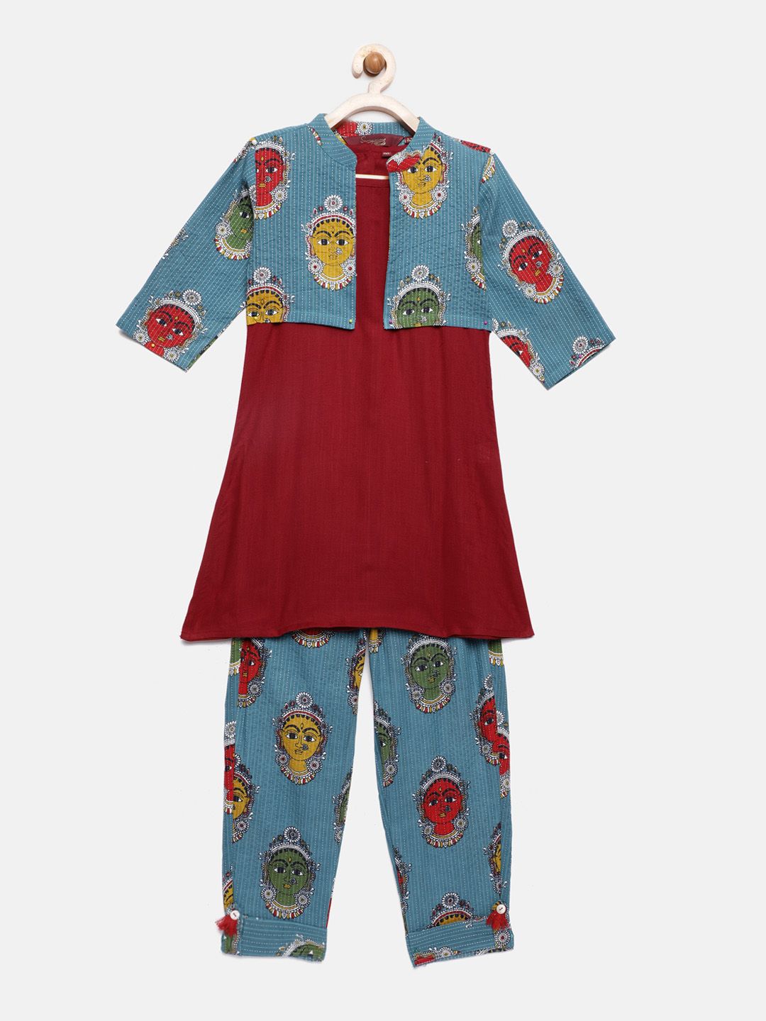 Sangria Girls & Maroon Solid Kurta Teal Blue Printed with Jacket & Trousers
