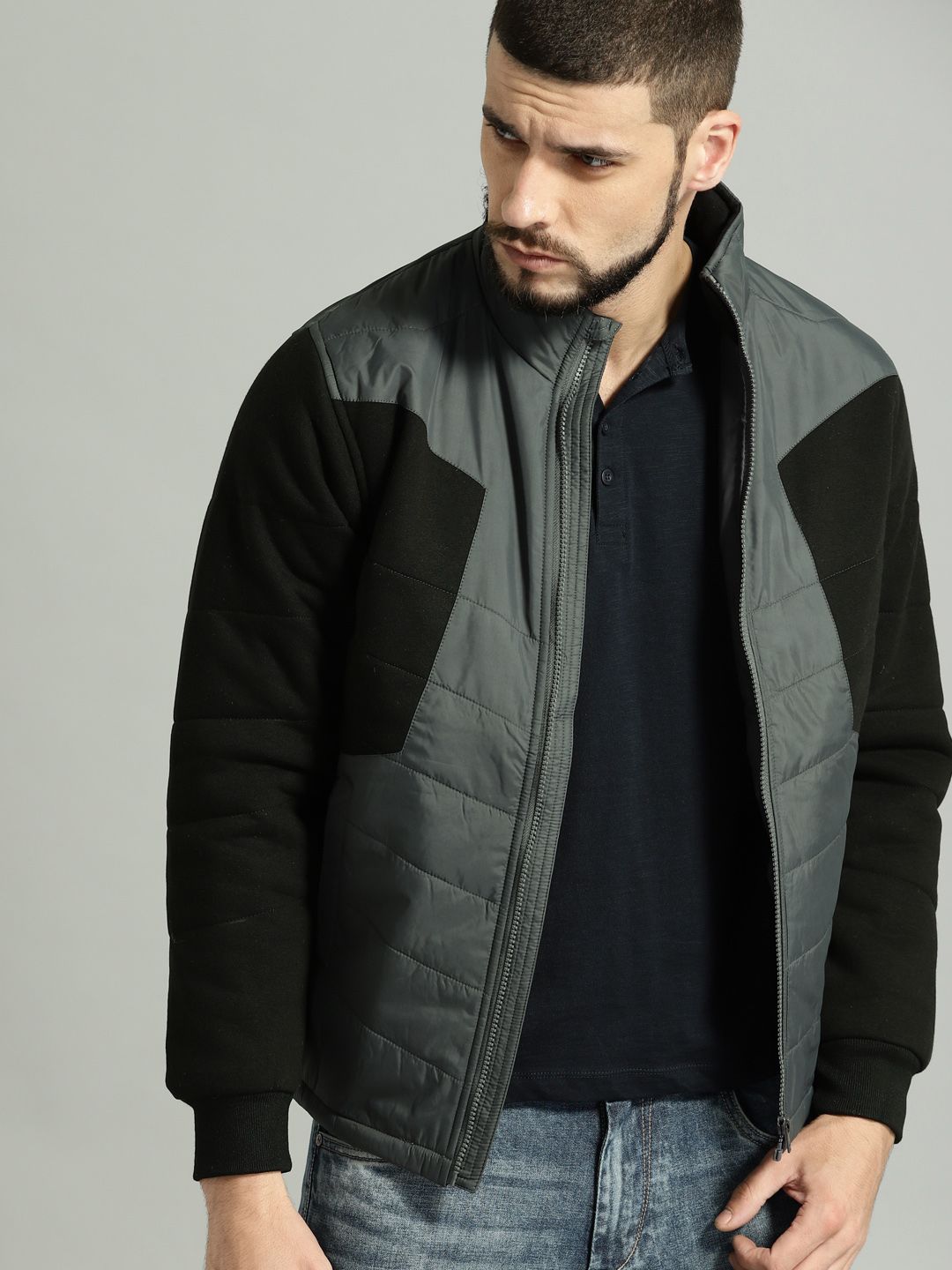 Roadster Men Grey & Black Colourblocked Puffer Jacket