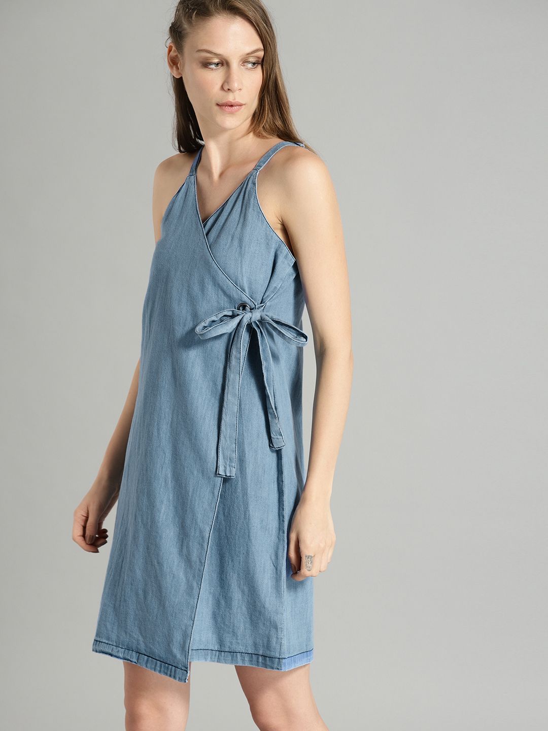 Roadster Women Blue Denim Wrap Dress