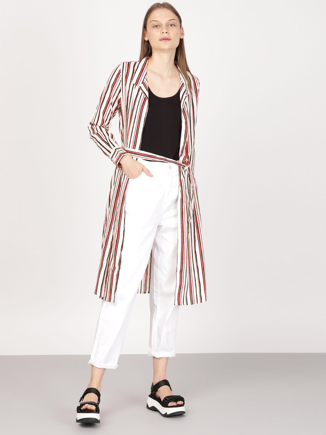 ether White & Red Striped Tie-Up Longline Shrug