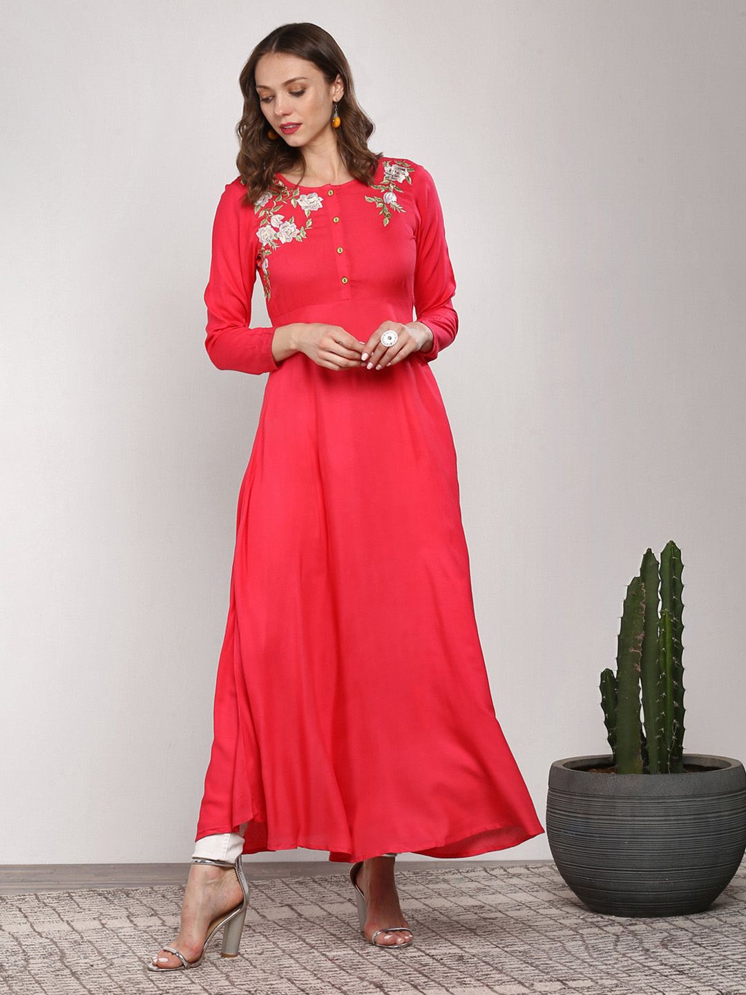 Sangria Women Pink Yoke Design A-Line Kurta