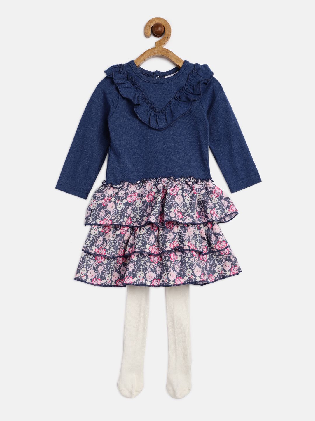 Lily & Jack Girls Navy Blue & Off-White Printed Tunic with Leggings