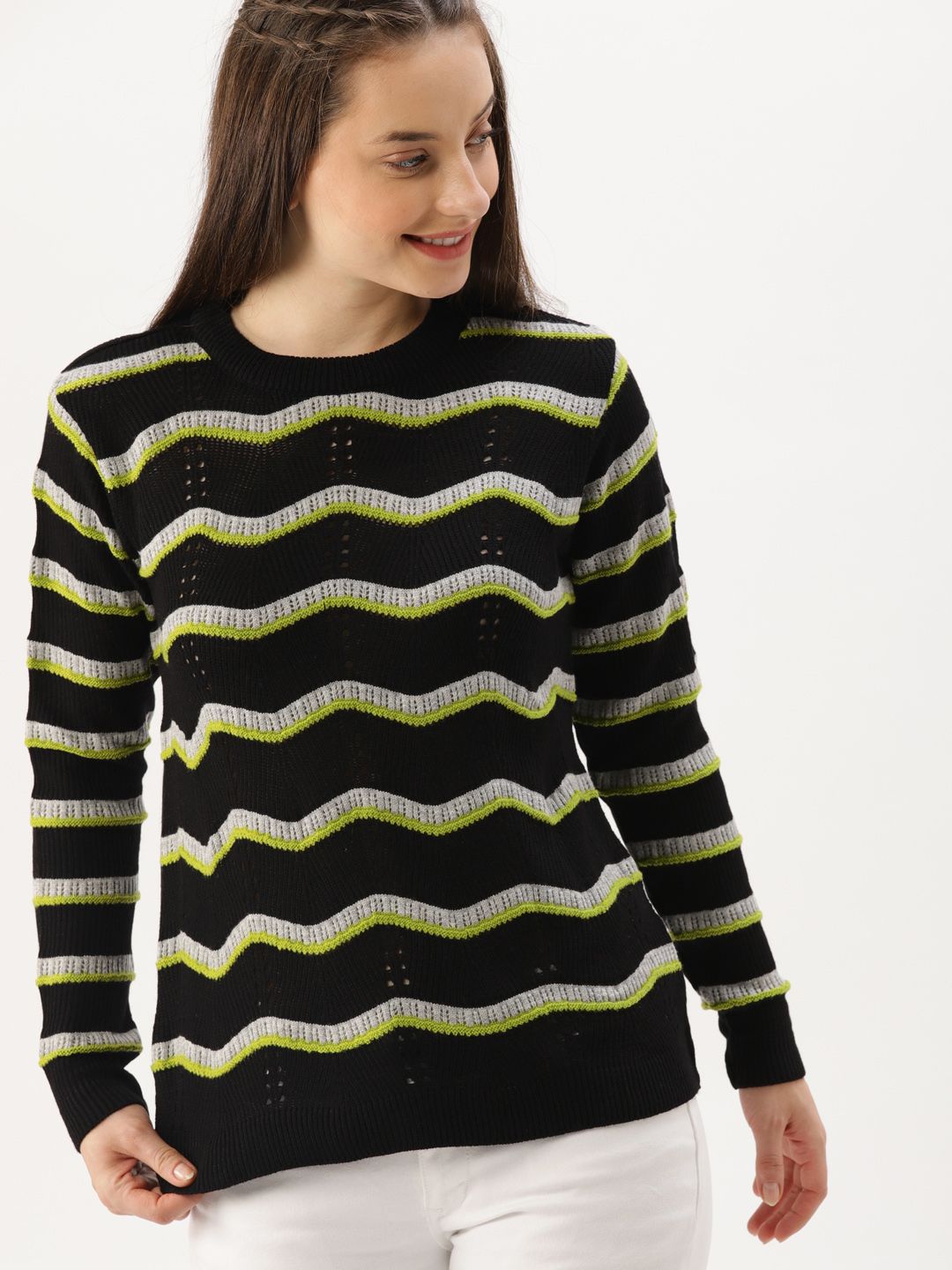 DressBerry Women Black & Grey Striped Pullover