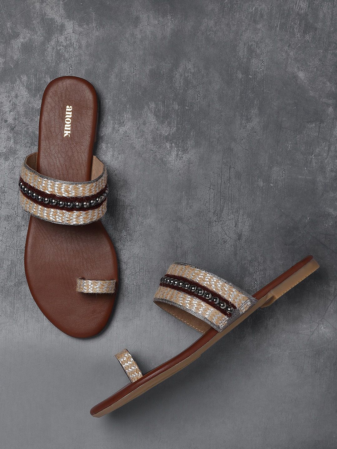 Anouk Women Brown & Beige Woven Design One Toe Flats