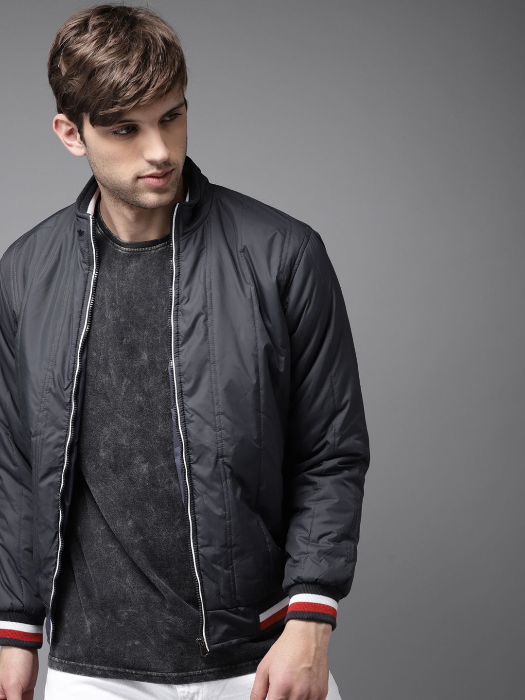 HERE&NOW Men Navy Blue Solid Bomber