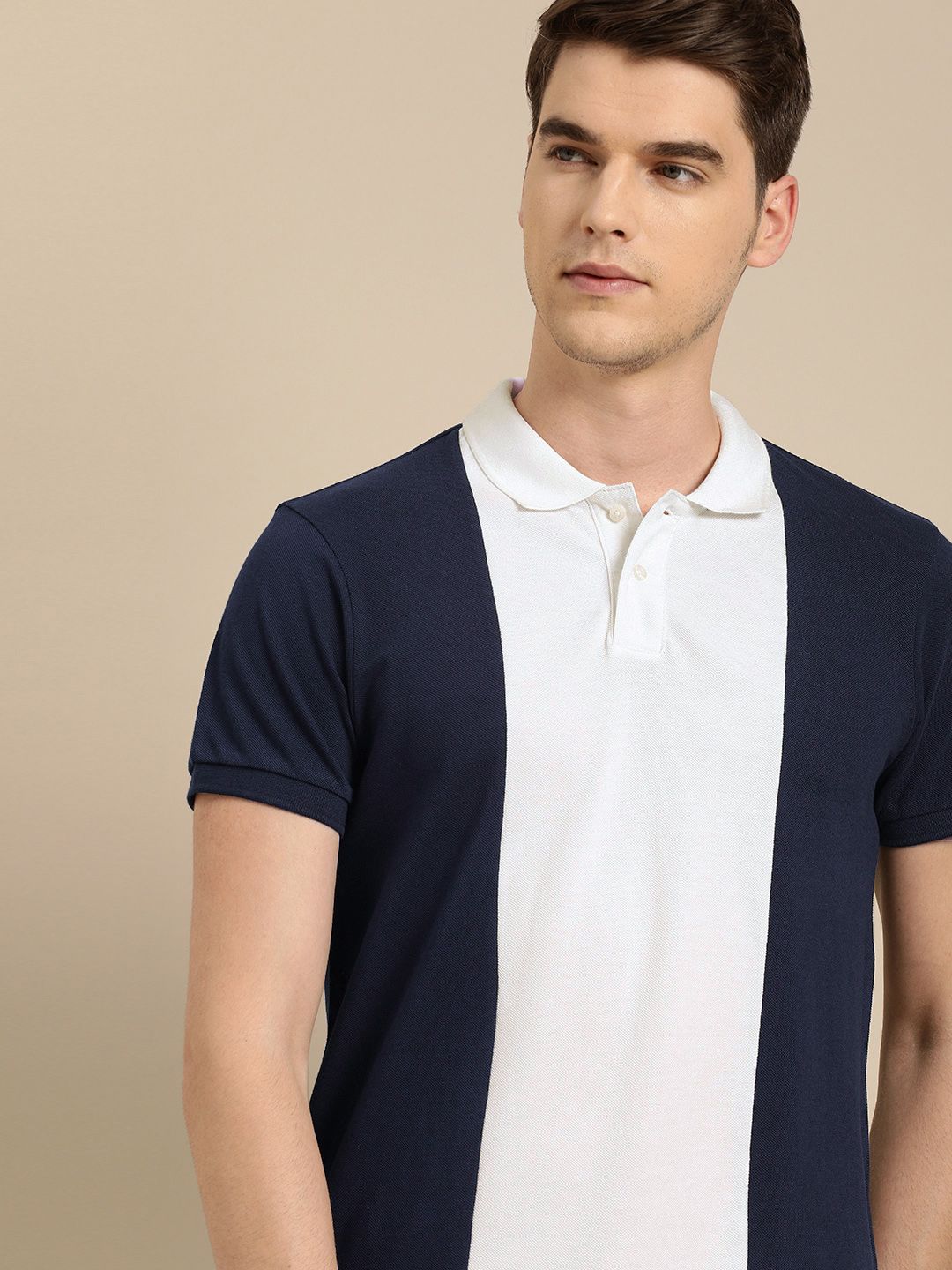 ether Men Navy Blue  White Colourblocked Polo Collar Pure Cotton T-shirt