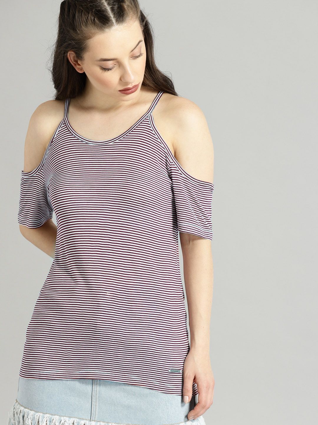 Roadster Women Maroon & White Striped Cold-Shoulder Top