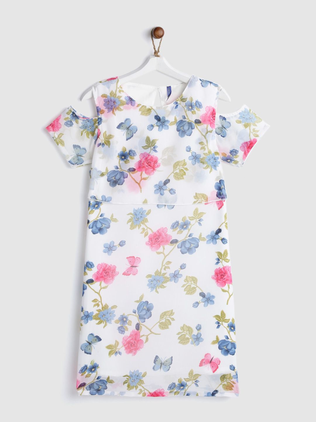 YK Girls Off-White & Blue Printed A-Line Dress