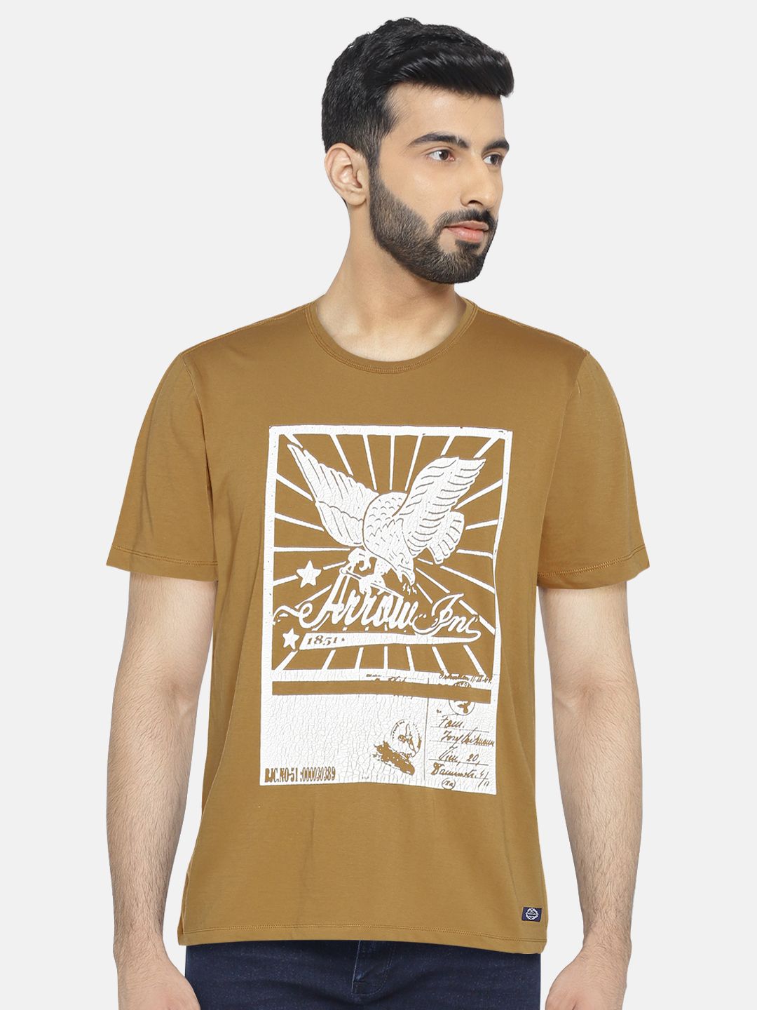 Arrow Blue Jean Co. Men Khaki Printed Round Neck Pure Cotton T-shirt