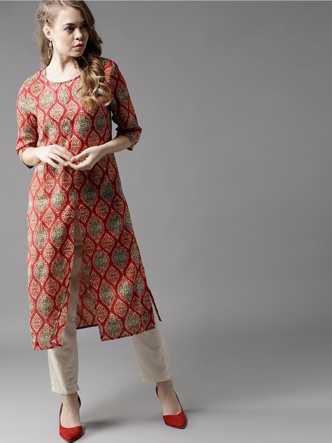 HERE&NOW Women Red Printed A-Line Kurta