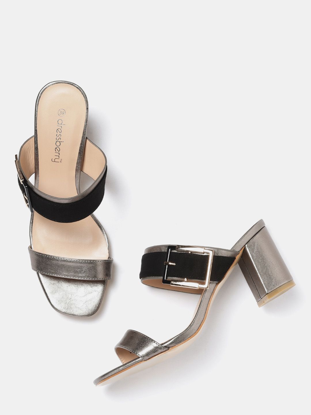 DressBerry Women Gunmetal-Toned & Black Colourblocked Heels