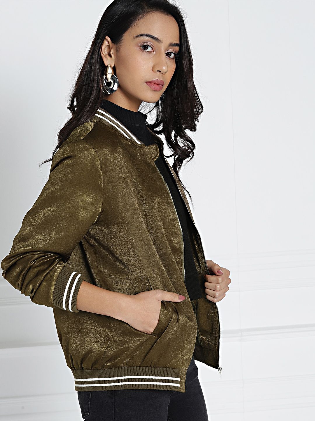 all about you Women Olive Green Solid Varsity Jacket