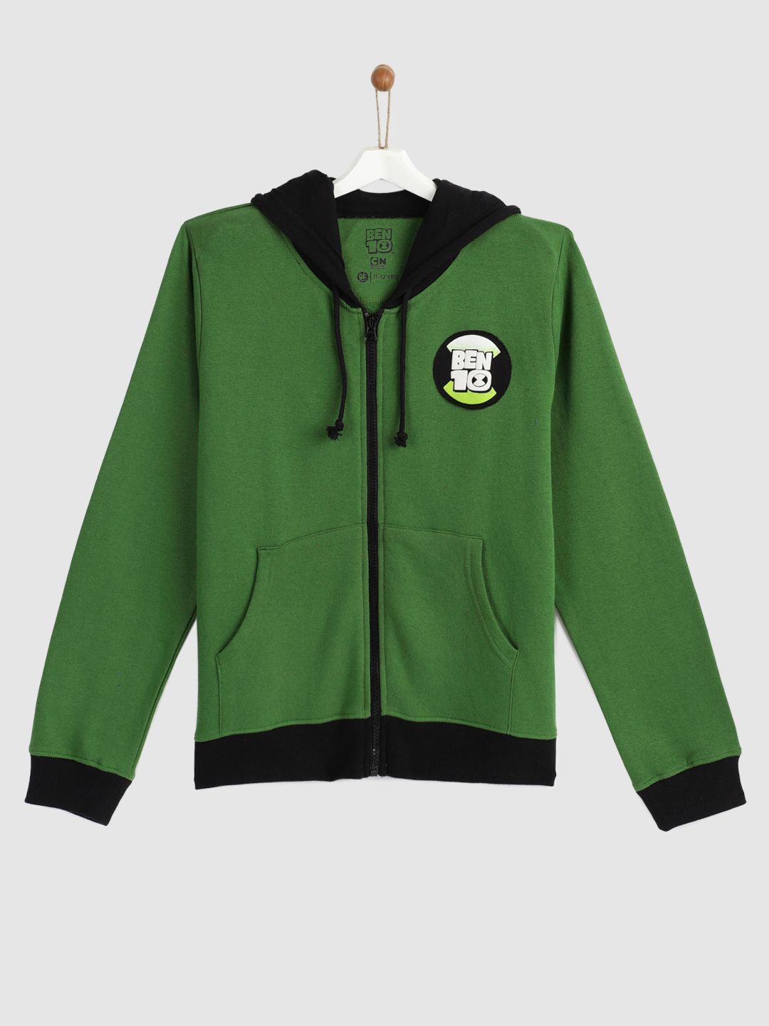 YK Ben10 Boys Green Solid Hooded Sweatshirt