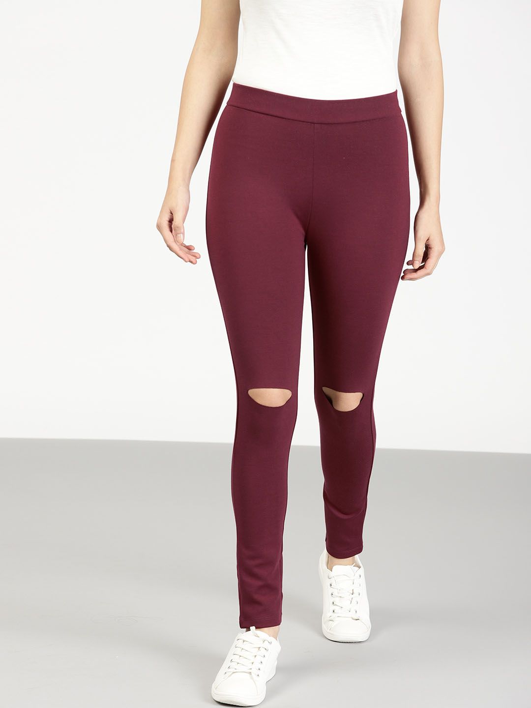 ether Women Maroon Slash Knee Leggings