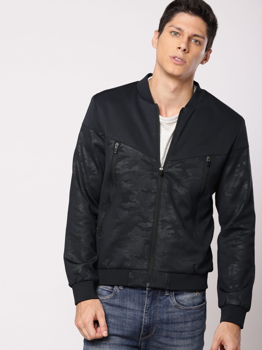 ether Men Navy Blue Camouflage Printed Sporty Jacket